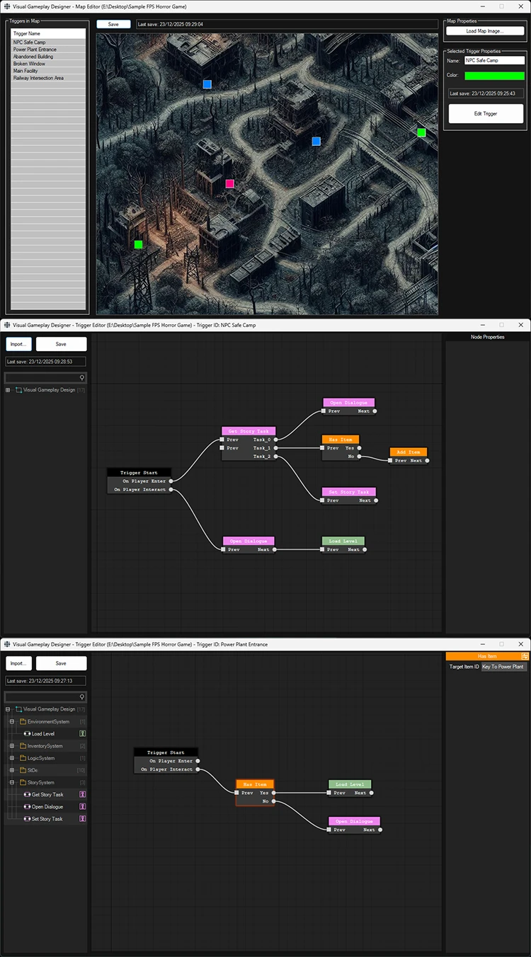 picture of visual gameplay designer, a tool used to create concepts and flow maps for level designers and game developers.
